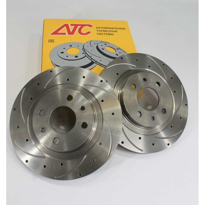 Тормозные диски передние вентилируемые ATC-SPORT 2112-05  ВАЗ-2112, Приора 2170, Калина1118, Гранта 2190 R14  (канавки + отверстия)